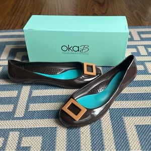 New Oka B Brown, Shiny Ballet Flat with Classic Tan Buckle. Size 10 /EU40.5